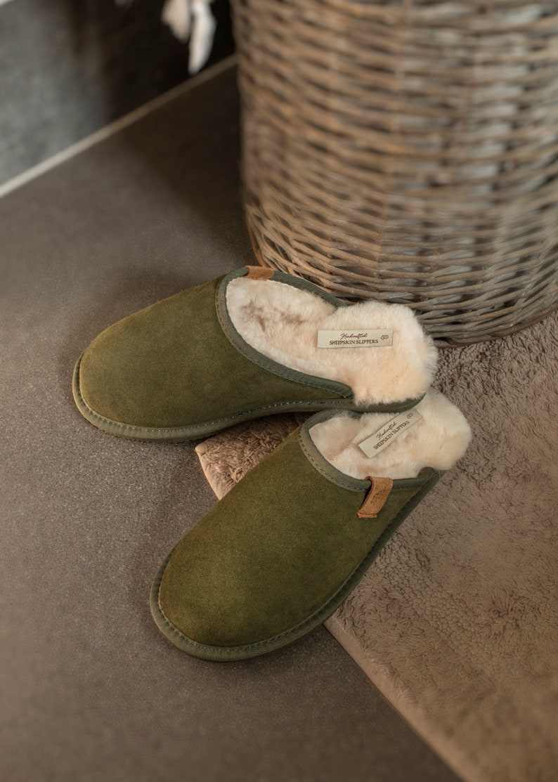 Mens Luxury Sheepskin MuleSlippers Hard Rubber Sole with Genuine Shearling Ling Men Lambland Handcrafted Olive Green Slides image 1