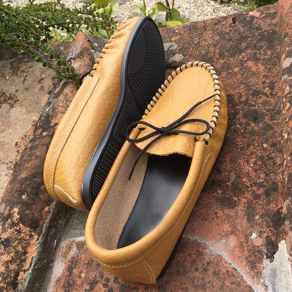mens leather moccasin slippers hard sole