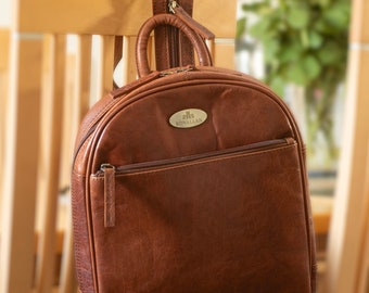 Luxury Premium Leather Hand Crafted Back Pack Rucksack Womens Mens Small Compact Cotton Lined Rowallan of Scotland Cognac Brown