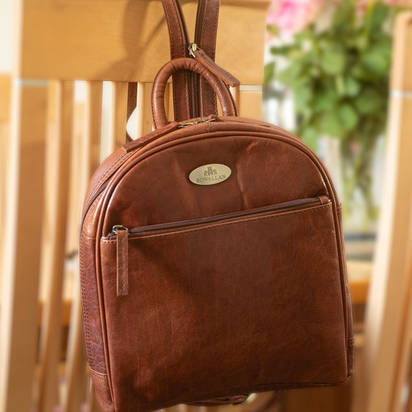 Luxury Premium Leather Hand Crafted Back Pack Rucksack Womens Mens Small Compact Cotton Lined Rowallan of Scotland Cognac Brown
