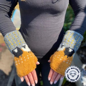 100% Wool Wrist Warmers Sheep Design Hand Knitted Fair Trade Handmade Fleece Lining Fingerless Mittens Extremely Warm Ladies Womens Orange image 1