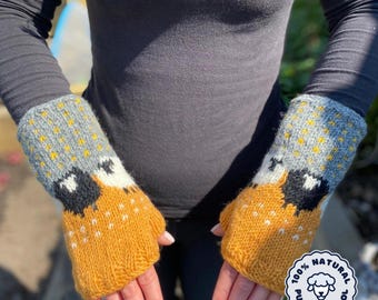 100% Wool Wrist Warmers Sheep Design Hand Knitted Fair Trade Handmade Fleece Lining Fingerless Mittens Extremely Warm Ladies Womens Orange