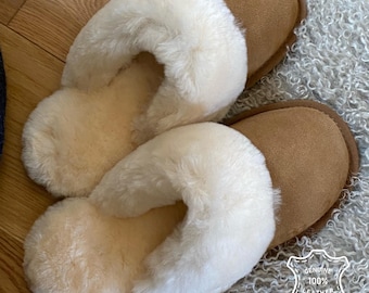 Womens Sheepskin Slip On Mule Slippers Chestnut Brown Rubber PVC Sole Shearling Lining Slip On Ladies Lambland Handcrafted Slides
