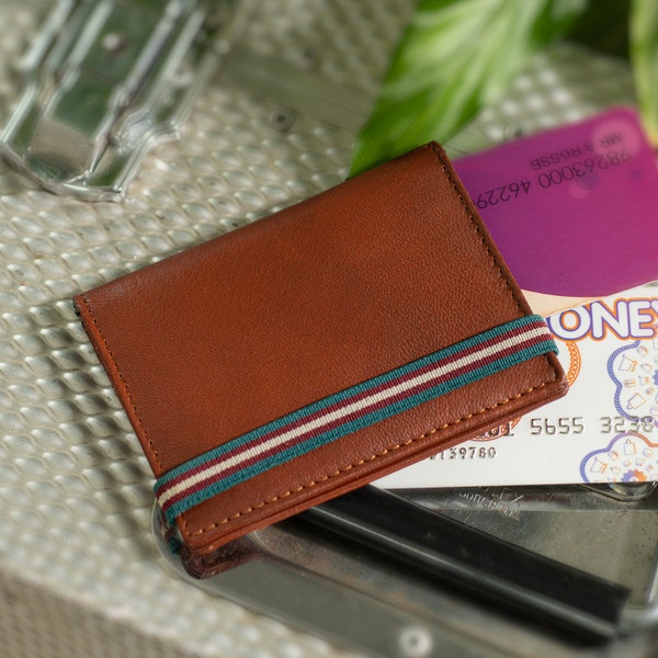 Super Soft Leather Credit Card Wallet With Elastic Fastening Cognac