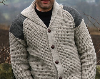 Mens Yorkshire Tweed 100% Wool  Knitted Cardigan Fine Knit Unlined Aran Sweater Light Grey Fair Trade Fitted Button Up UK Made