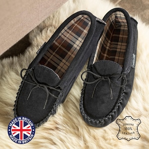 Mens Suede Moccasin Slippers: Navy Blue, Lambland UK Handcrafted image 1