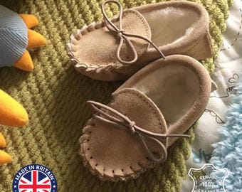 Children's Sheepskin Moccasin Slippers, Suede Leather Sole, UK Made