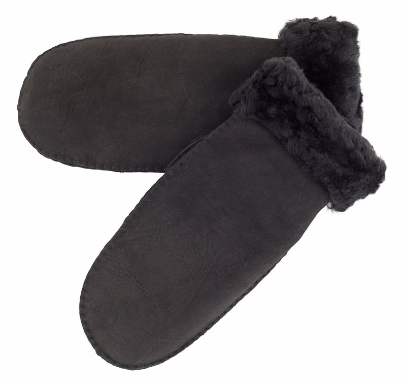 Damen Luxus Echte Schaffell Handgenähte Schaffell Fäustlinge mit Roll Up Roll Down Manschetten Wolle Out Detail Shearling Futter Tan Lambland Black