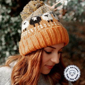 100% Wool Bobble Beanie Sheep Hat Hand Knitted Fair Trade Handmade Fleece Lining Pompom Hat Extremely Warm Ladies Womens Orange