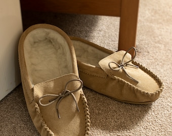 Mens Sheepskin Moccasin Slippers Rubber PVC Sole With Lambs Wool