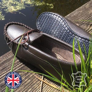 Mens Handcrafted Leather Moccasin Slippers: Lambland UK, Tie Vamp Brown