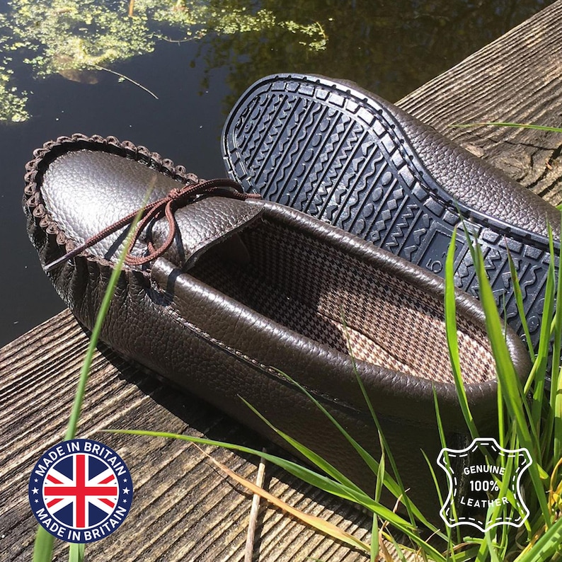 Mens Handcrafted Leather Moccasin Slippers: Lambland UK, Tie Vamp Brown