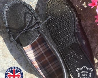 Mens Handcrafted Leather Moccasin Slippers: Lambland UK, Tie Vamp