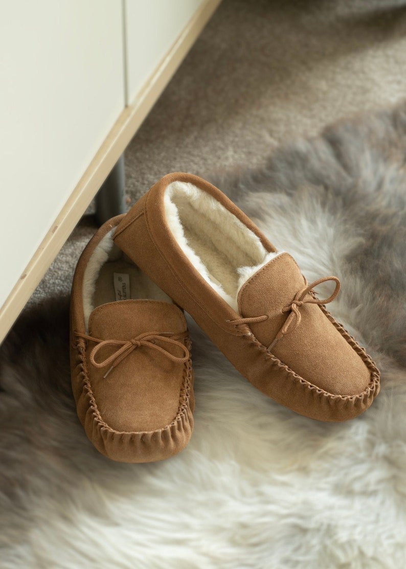 Mens Sheepskin Moccasin Slippers Soft Suede Sole with Lambs Wool Lining Lace Tie Men Lambland Handcrafted Moccasins Light Brown image 1