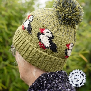 Chunky Knit Puffin Bobble Hat Green Fair Trade Handmade Fleece Lining Pompom Hat Extremely Warm Ladies Women's