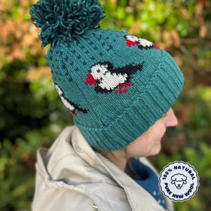 May include: Teal knit beanie with a matching pom-pom. The hat features a pattern of small dark blue stars and white and black puffin designs with red feet. The hat is made of 100% pure new wool.