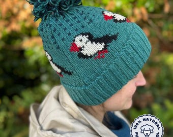 Hand-Knitted Wool Puffin Bobble Hat with Fleece Lining