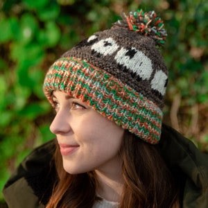 Ladies Luxury Woolen Hand Knitted Fleece Line Bobble Beanie Sheep Pattern Wool Hat Lambland Womens Handmade in Nepal Fair Trade Wool