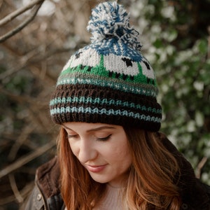 100% Wool Bobble Beanie Sheep Hat Hand Knitted Fair Trade Handmade Fleece Lining Pompom Hat Extremely Warm Ladies Womens Blue