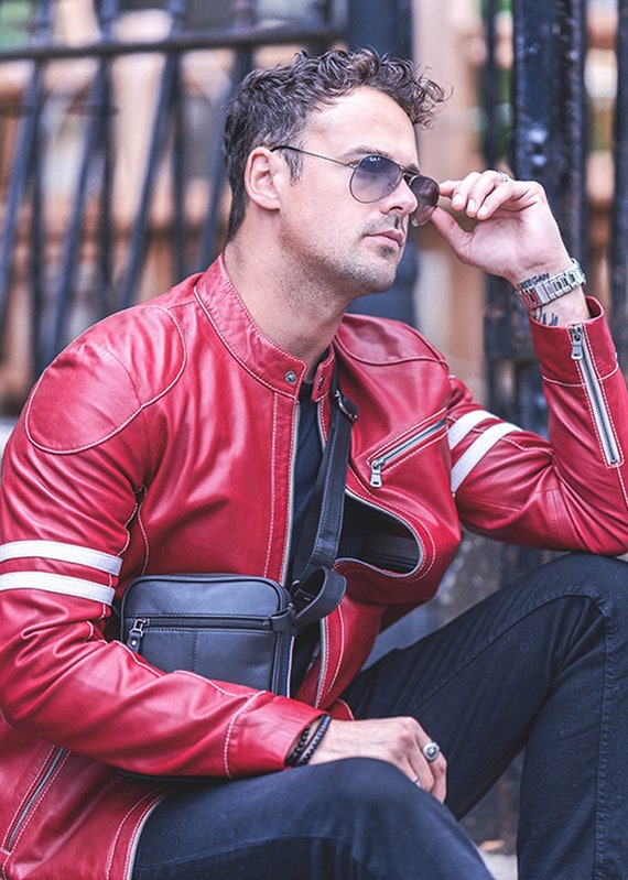 SUPREME DESIGN RED MOTORCYCLE BIKER LEATHER JACKET 100% LEATHER