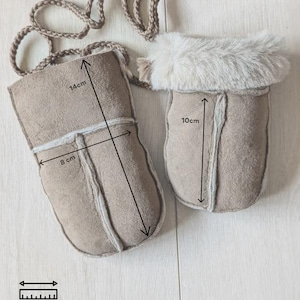 Childrens Babies Sheepskin Keep Safe Cord Mittens Luxury Shearling Lining Suede Outer Kids Gloves Cold Weather Lambland Hand Crafted image 2
