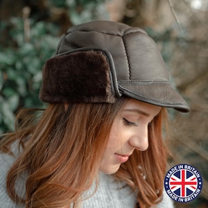 Luxury Sheepskin and Leather Trapper Deer Stalker Hunters Hat Mens Womens Hand Crafted Studded Ear Flap Hats Winter Cold Weather