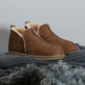 Men's Premium Sheepskin Slip On Bootie Slippers Rubber EVA Sole with Shearling Lining Men Shepherd Swedish Made Handcrafted Boots Gift Boxed image 1