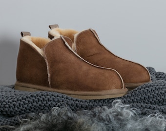 Men's Premium Sheepskin Slip On Bootie Slippers Rubber EVA Sole with Shearling Lining Men Shepherd Swedish Made Handcrafted Boots Gift Boxed