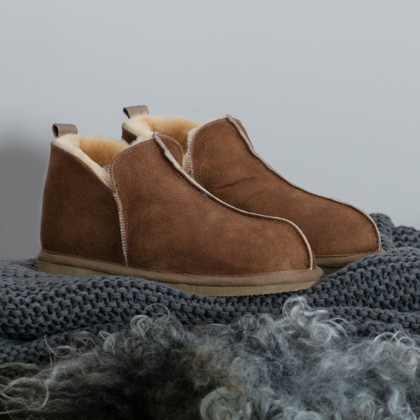 Men's Premium Sheepskin Slip On Bootie Slippers Rubber EVA Sole with Shearling Lining Men Shepherd Swedish Made Handcrafted Boots Gift Boxed