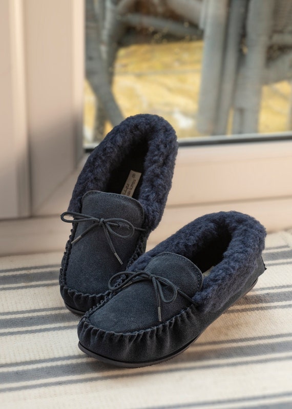 Uendelighed Hvornår hack Womens Sheepskin Moccasin Slippers Navy Blue Rubber PVC Sole - Etsy