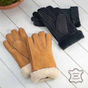 Womens Luxury Genuine Sheepskin Hand Stitched Turn Back Fluffy Gloves Suede Outer Shearling Inner Lambland Tan Black Supreme Quality