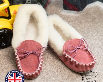 Handcrafted Sheepskin Moccasin Slippers: Lambswool Lined, PVC Sole