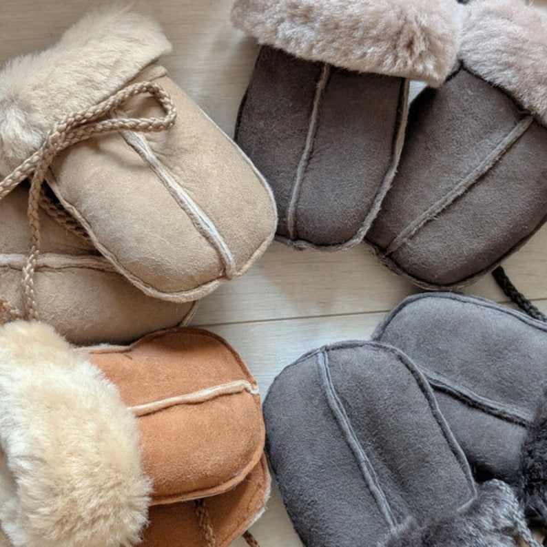 Childrens Babies Sheepskin Keep Safe Cord Mittens Luxury Shearling Lining Suede Outer Kids Gloves Cold Weather Lambland Hand Crafted image 1