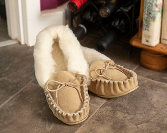 Womens Sheepskin Moccasin Slippers Beige Rubber PVC Sole Lambs Wool Lining Lace Tie Ladies Lambland UK Made Handcrafted Moccasins