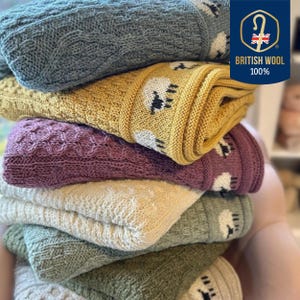 British Aran Wool Throw: Sheep Pattern Knit Blanket