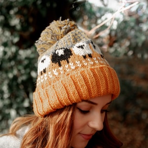 100% Wool Bobble Beanie Sheep Hat Hand Knitted Fair Trade Handmade Fleece Lining Pompom Hat Extremely Warm Ladies Womens Orange