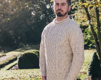 Men's 100% Wool  Knitted Roll Collar Jumper Fine Knit Unlined Aran Sweater Natural Fleck Fair Trade Fitted Pullover UK Made Country Wear