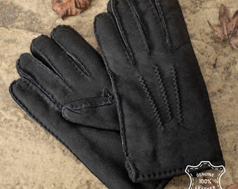 Men's Shearling Sheepskin Gloves: Hand-Stitched Suede Outer