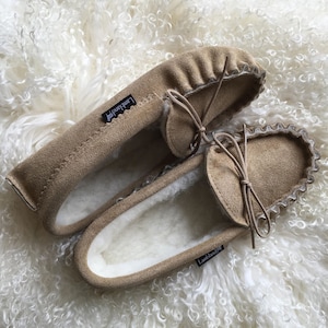 Mens Premium Sheepskin Moccasin Slippers Rubber PVC Sole with Lambs Wool Lining Lace Tie Men Lambland UK Made Handcrafted Moccasins Natural