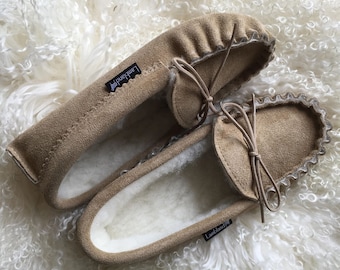 Mens Premium Sheepskin Moccasin Slippers Rubber PVC Sole with Lambs Wool Lining Lace Tie Men Lambland UK Made Handcrafted Moccasins Natural