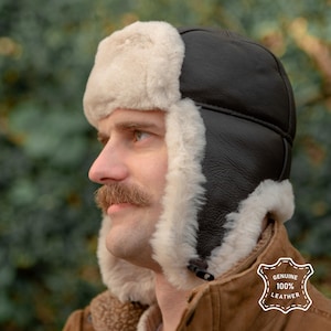Men's Sheepskin Trapper Hat: Leather Aviator Winter Hat with Ear Flaps