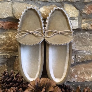 Womens Premium Sheepskin Moccasin Slippers Rubber PVC Sole with Shearling Lining Lace Tie Ladies Lambland UK Made Handcrafted Moccasins