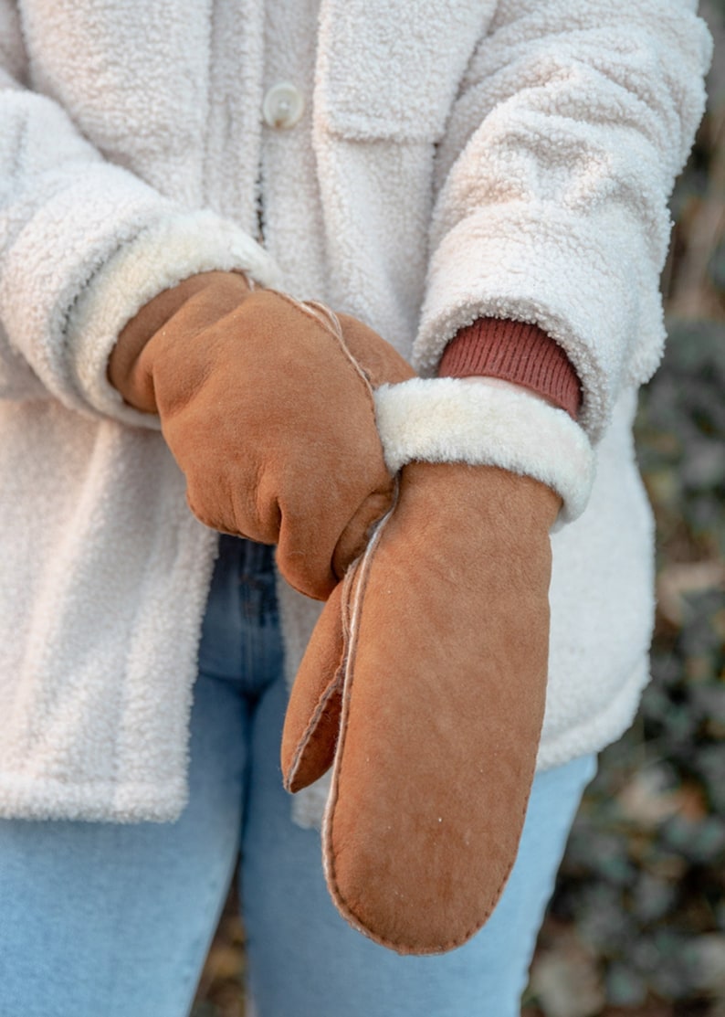 Womens Luxury Genuine Sheepskin Hand Stitched Sheepskin Mittens with Roll Up Roll Down Cuffs Wool Out Detail Shearling Lining Tan Lambland Tan