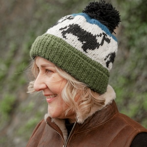 Ladies Luxury Woolen Hand Knitted Fleece Line Bobble Beanie Dachshund Sausage Dog Wool Hat Lambland Womens Handmade in Nepal Fair Trade Wool