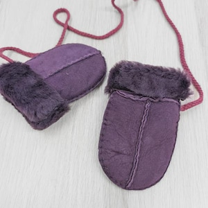 Childrens Babies Sheepskin Keep Safe Cord Mittens Luxury Shearling Lining Suede Outer Kids Gloves Cold Weather Lambland Hand Crafted Purple