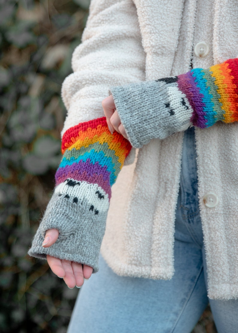 100% Wool Wrist Warmers Sheep Design Hand Knitted Fair Trade Handmade Fleece Lining Fingerless Mittens Extremely Warm Ladies Womens Grey image 1