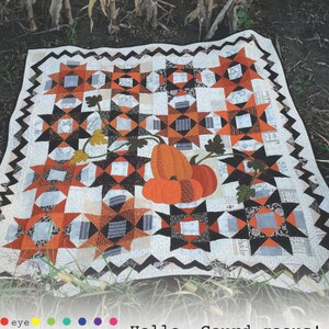 May include: A quilt pattern featuring a patchwork of black, white, orange, and grey fabric with a star design. The quilt is laid out on the ground in front of a field of dried corn stalks. The quilt is titled "Hello, Gourd-geous!" and is 49½ inches by 49½ inches.