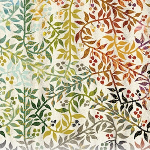 Peut inclure: Tissu Brambleberry avec un motif répété de feuilles et de baies stylisées vertes, jaunes, orange et brunes sur un fond crème. Le tissu mesure 60 pouces sur 60 pouces et fait partie de la collection Eye Candy Quilts.