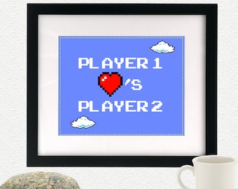 Player 1 Loves Player 2 - 8 Bit Video Game Printable Sign with Mario Sky Background for Gamer Couples - Instant Download 8x10