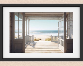 Beach House Porch Morning, Digital Art Print, Ocean View Sand Dunes Jersey Shore Vacation Home Art Peaceful Relaxing Instant Download